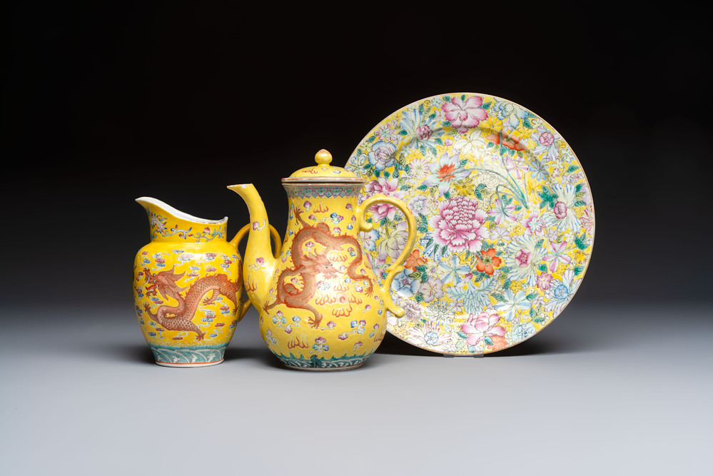 A Chinese famille rose yellow-ground 'Dragon' covered teapot, a milk jug and a 'Millefleurs' plate, Qianlong marks, Republic