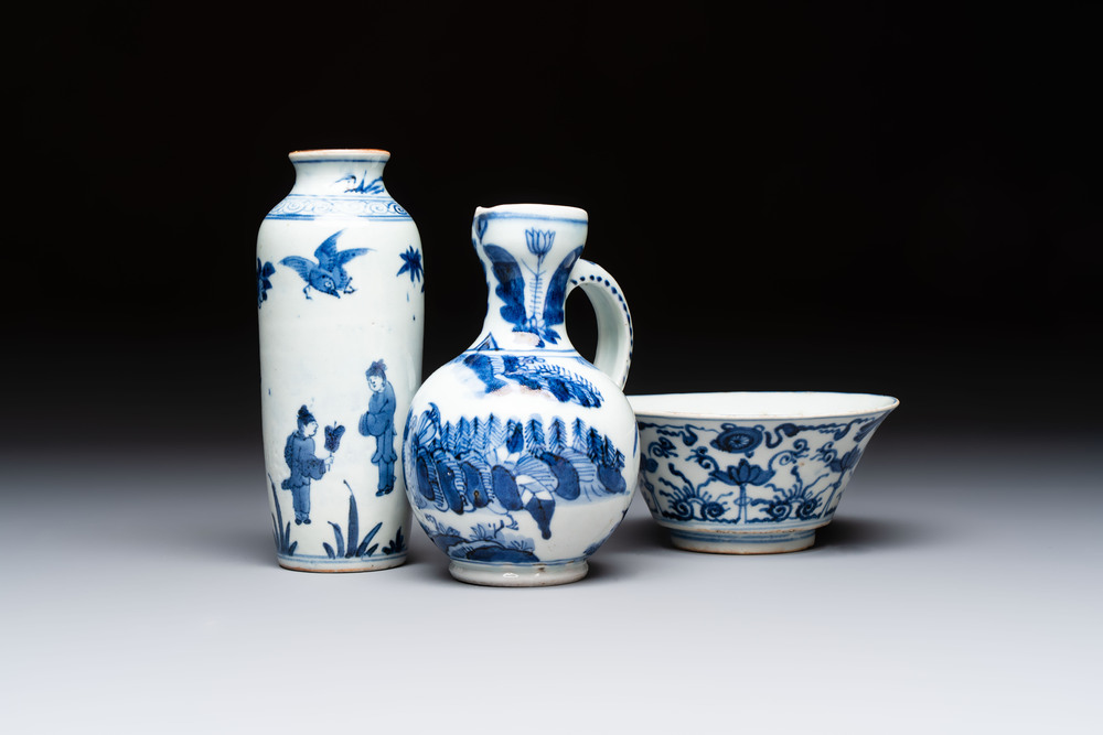 A Japanese blue and white vase, a jug and a bowl, 17th C. and later