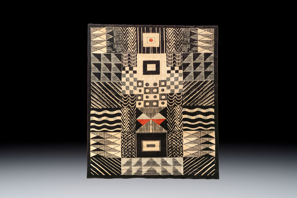 A large hand-knotted wool carpet with a symmetrical geometric composition, after a Bauhaus design by Gunta St&ouml;lzl, 20th C.
