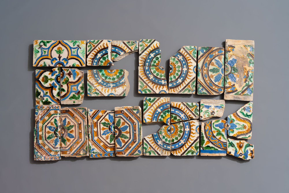 17 polychrome ceiling tiles and fragments, Spain, 16th C.