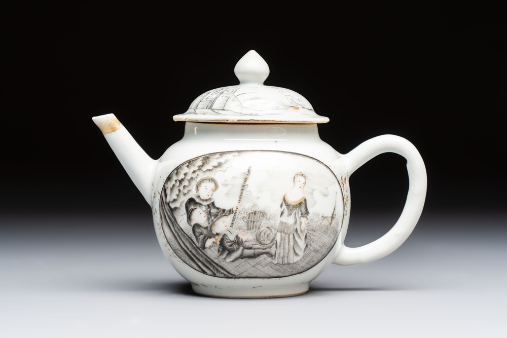 A Chinese grisaille and gilt-decorated 'European Subject' teapot and cover, Qianlong