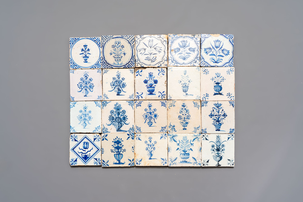 20 blue and white Dutch Delft tiles with floral design, 17th C.