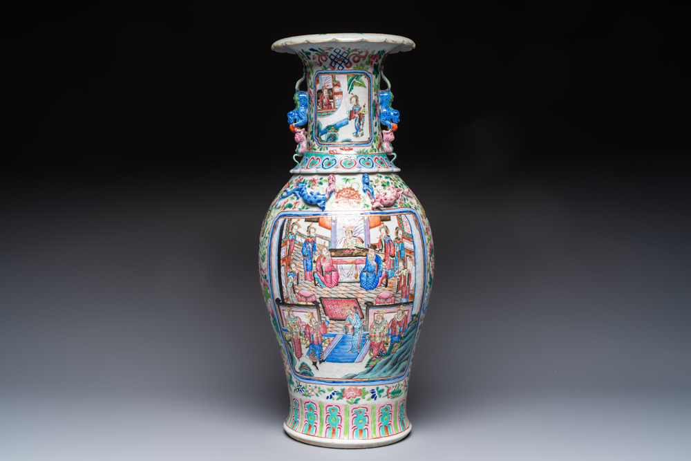 A Chinese Canton famille rose vase with narrative design, 19th C.