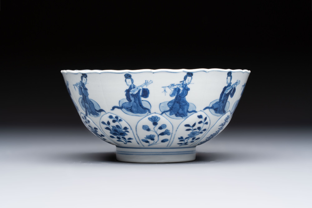 A Chinese blue and white moulded 'Elegant Beauties' bowl, Chenghua mark, Kangxi
