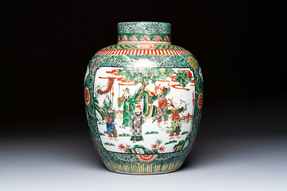 A Chinese famille verte jar and cover with narrative design, 19th C.