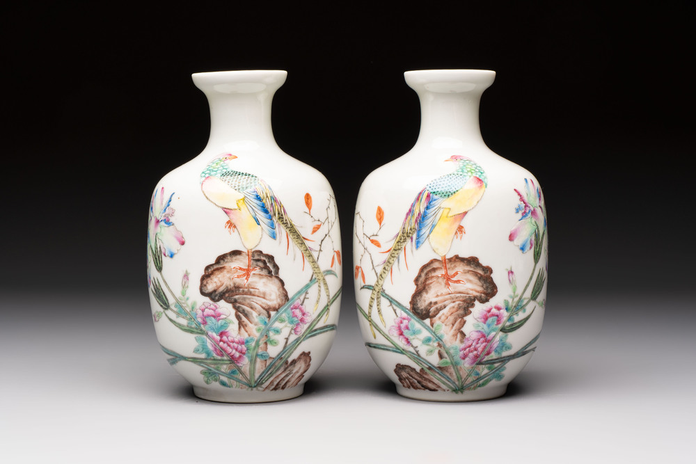 A pair of Chinese famille rose 'Pheasant' vases, Qianlong marks, Republic