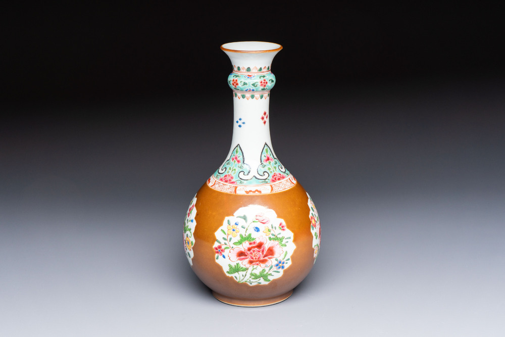 A Chinese famille rose capucine-ground vase with floral design, Yongzheng/Qianlong