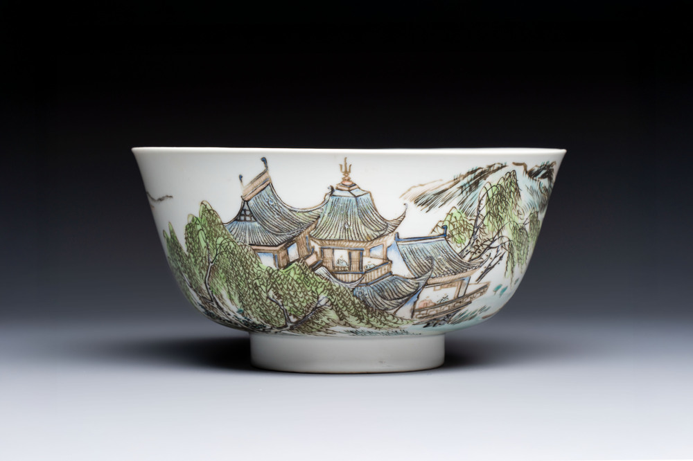 A Chinese qianjiang cai 'Pavilions and Willows' bowl, Republic