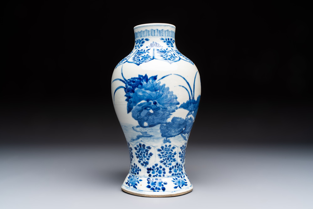 A Chinese blue and white 'Ducks in a Lotus Pond' vase, Kangxi mark, 19th C.