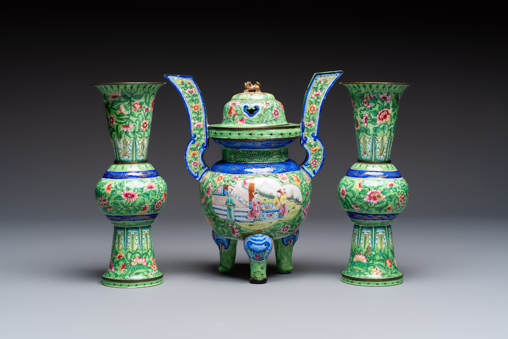 A Chinese Canton enamel green-ground three-piece altar set, 19th C.