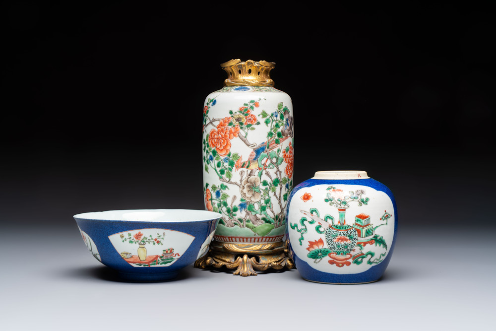 A gilt-bronze-mounted Chinese famille verte vase, a powder-blue-ground bowl and a jar, 19th C.