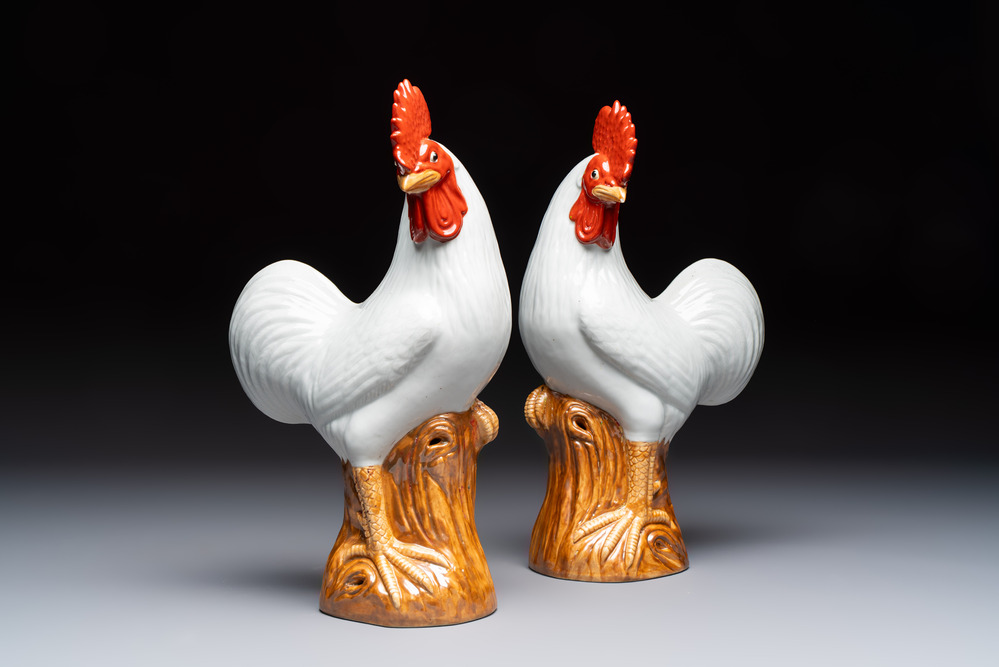 A pair of Chinese polychrome-glazed roosters, 20th C.