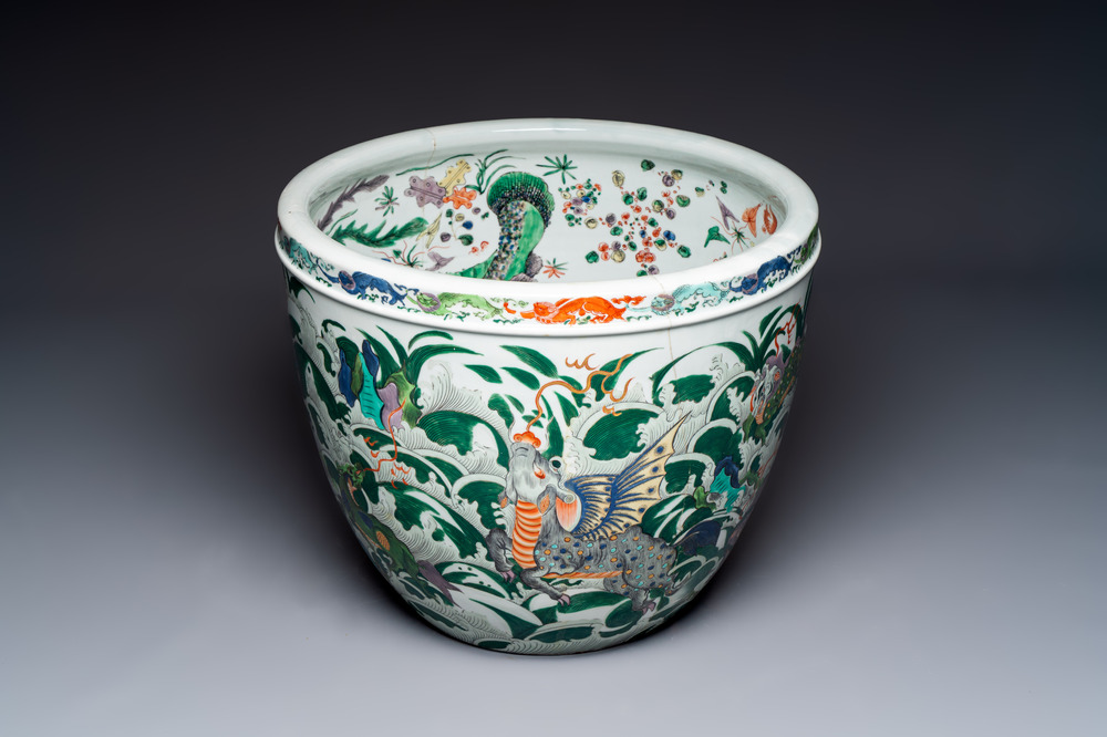 A fine famille verte-style 'Mythical Beasts and Fish' scroll pot or jardini&egrave;re, Samson, Paris, 19th C.