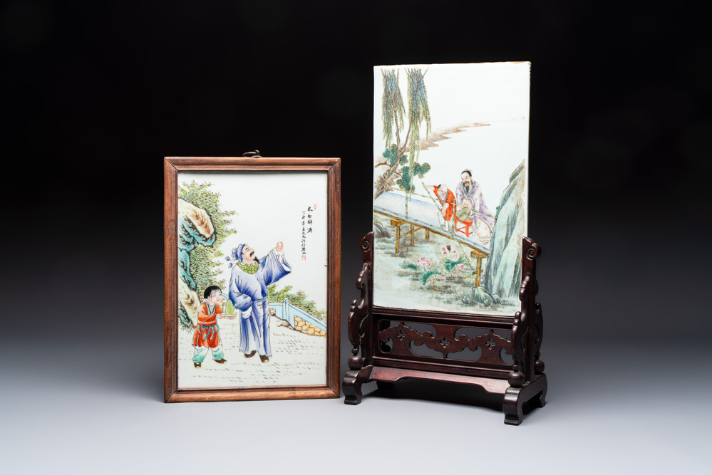 Two Chinese famille rose 'Li Bai 李白' and 'Zhou Dunyi 周敦頤' plaques, one after Wang Dafan 王大凡 and dated 1927, 20th C.