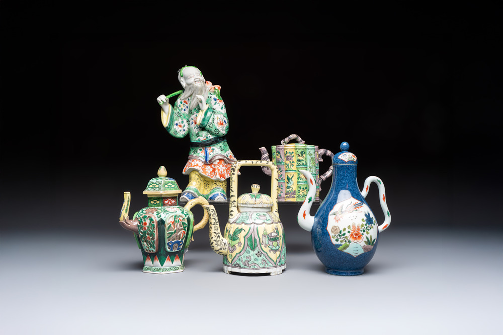 Three famille verte-style and verte biscuit-style teapots, a wine pot and a model of Dongfang Shuo, Samson, Paris, Ding mark, 19th C.