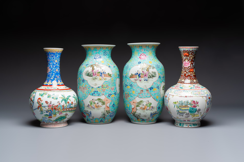 A pair of Chinese famille rose 'Playing Boys' vases, an 'Antiquities' vase and a vase with narrative design, Qianlong marks, 20th C.