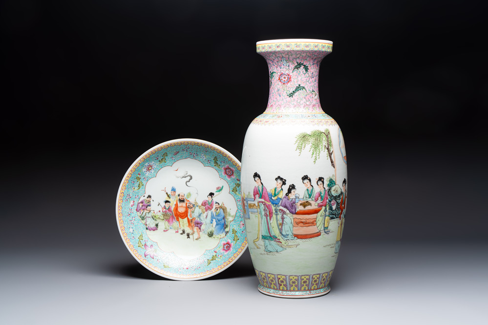A Chinese famille rose 'Eight Immortals' dish and an 'Elegant Beauties' vase, Qianlong and Jingdezhen 景德鎮 mark, 20th C.