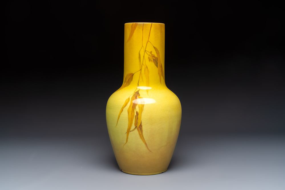 Cl&eacute;ment Massier (1844&ndash;1917): a yellow-glazed vase with floral design, monogrammed C.M., France, Golfe-Juan