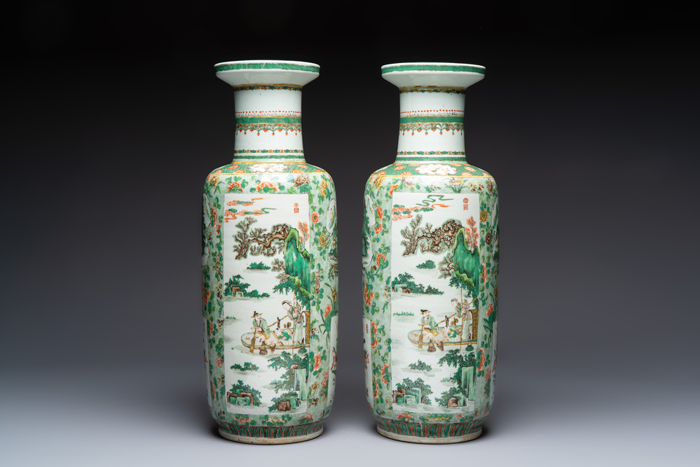 An impressive and fine pair of large Chinese famille verte 'Fishermen and Antiquities' rouleau vases, seal marks, Kangxi