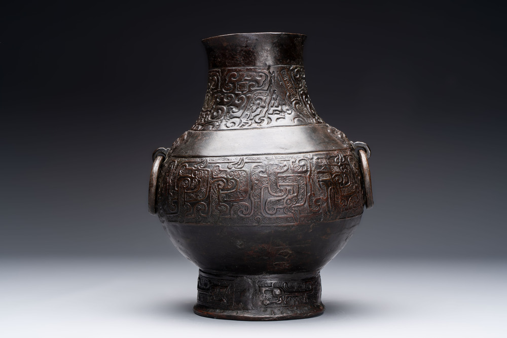 A Chinese archaistic bronze vase, 'Hu 壺', Song/Yuan