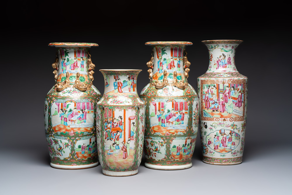 Four Chinese Canton famille rose vases with narrative design, 19th C.