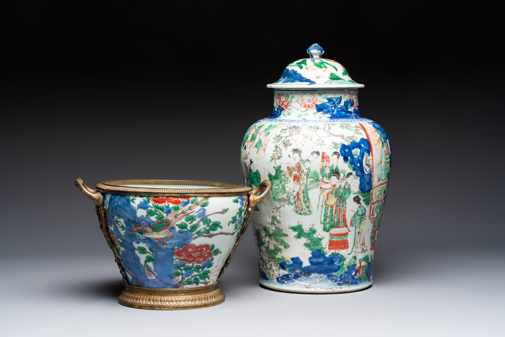 A Chinese wucai covered vase with narrative design and a jar mounted as a wine cooler, Transitional period