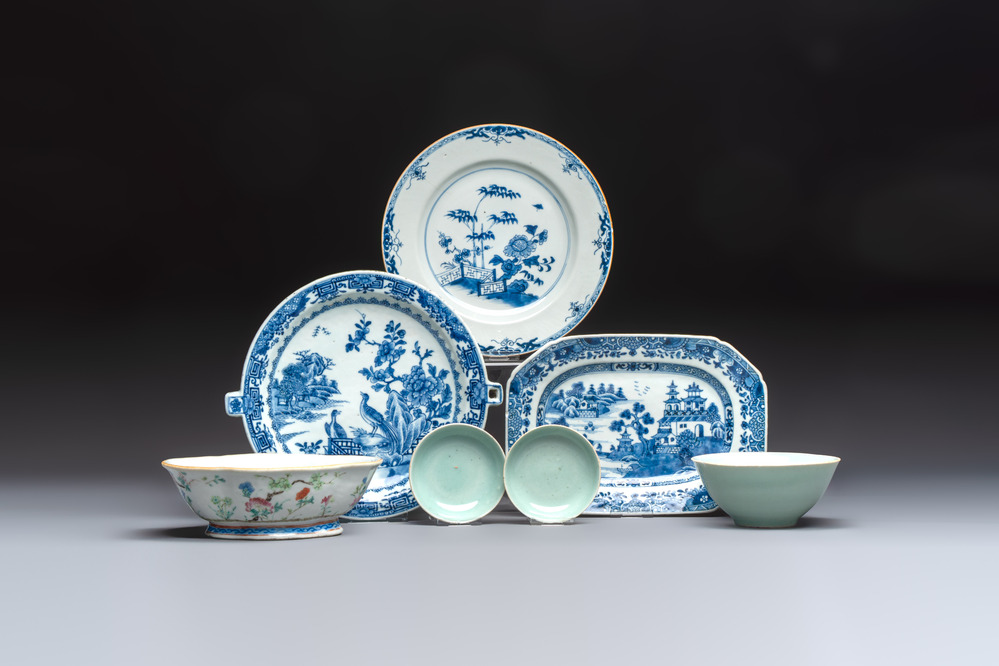 Seven Chinese blue and white, famille rose, and celadon wares, 18/19th C.