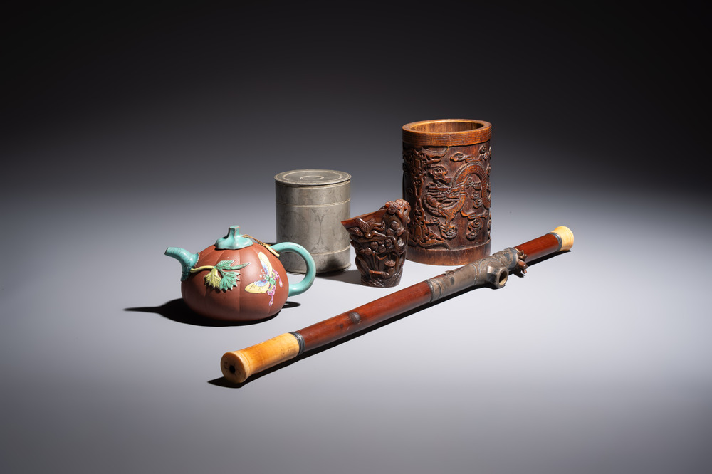 A Chinese enamelled Yixing stoneware teapot, a pewter container, a horn cup, a bamboo brush pot, and an opium pipe, Wan Shun 萬順 mark, 19/20th C.