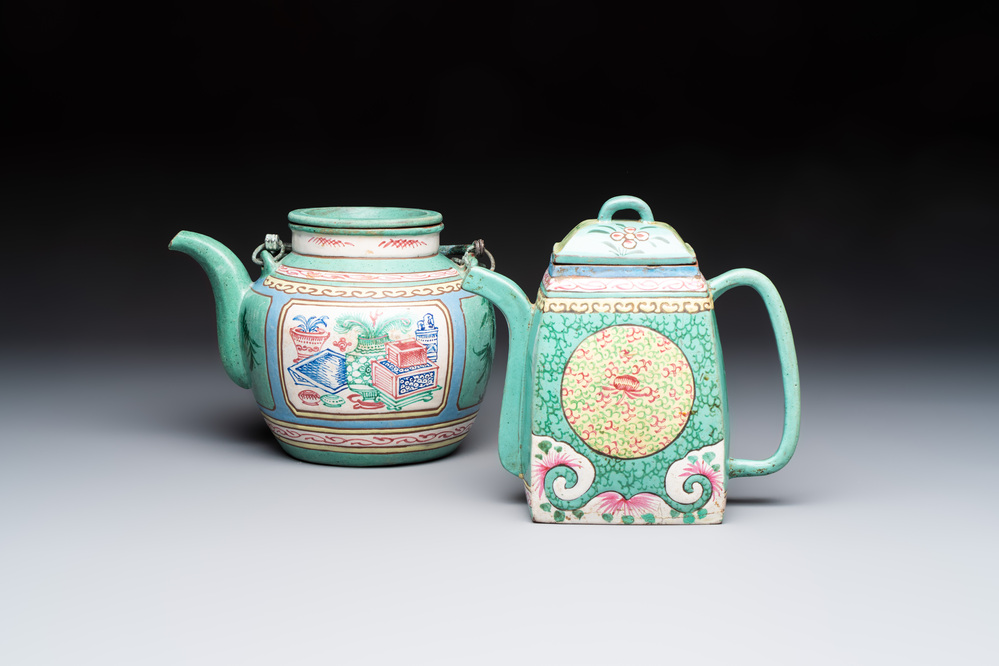 Two Chinese enamelled Yixing stoneware teapots, 19th C.