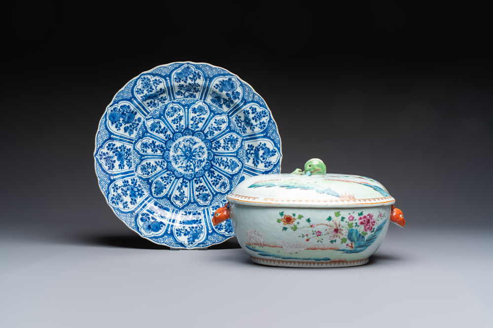A Chinese famille rose covered 'Goats' tureen and a blue and white 'Floral' dish, Kangxi/Qianlong