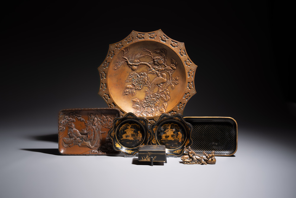 Five Japanese and Japonism bronze wares and three pieces of lacquer ware, 19/20th C.