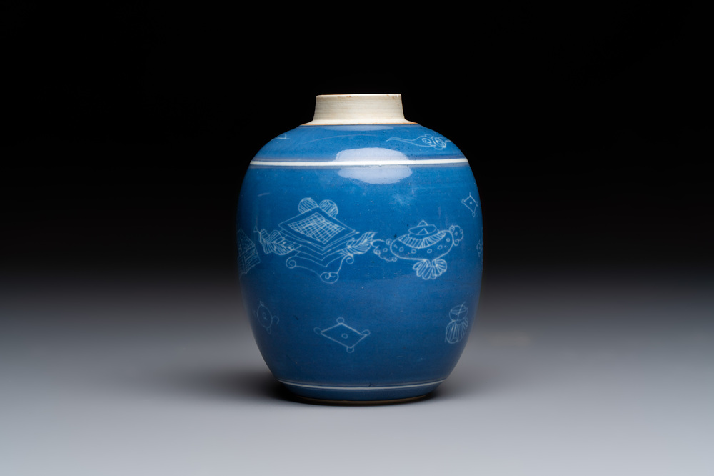 A Chinese blue-glazed 'Antiquities' jar with incised design, Kangxi