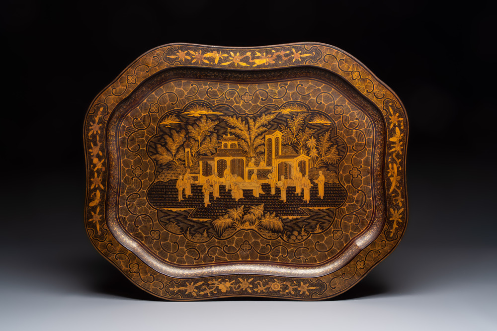 A large Chinese Canton gilt-decorated black lacquer tray with narrative design, 19th C.