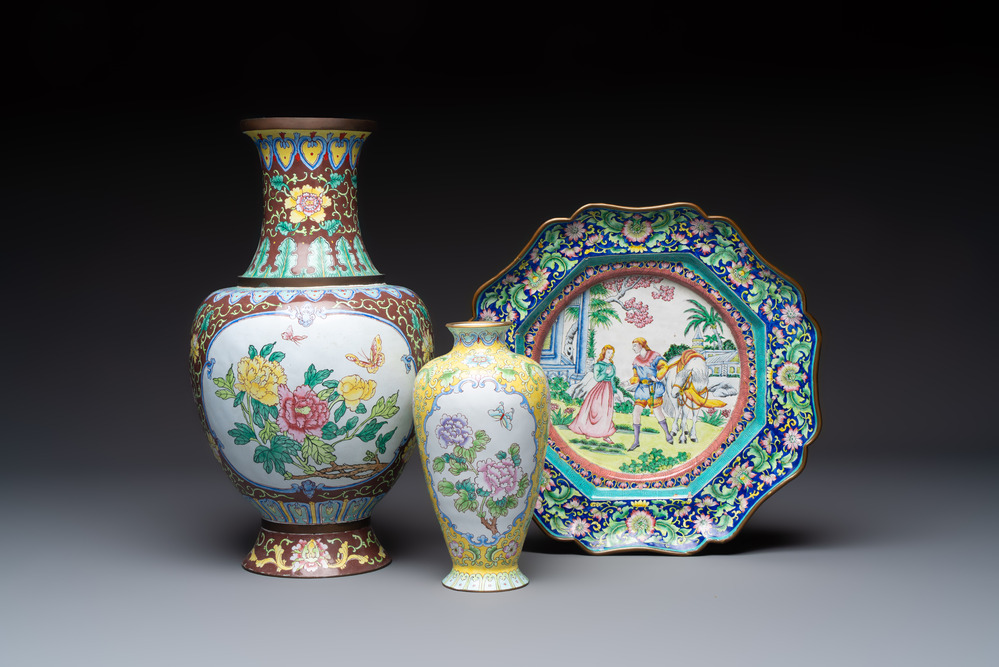 Two Chinese Canton enamel vases and a 'European Subject' dish, 20th C.