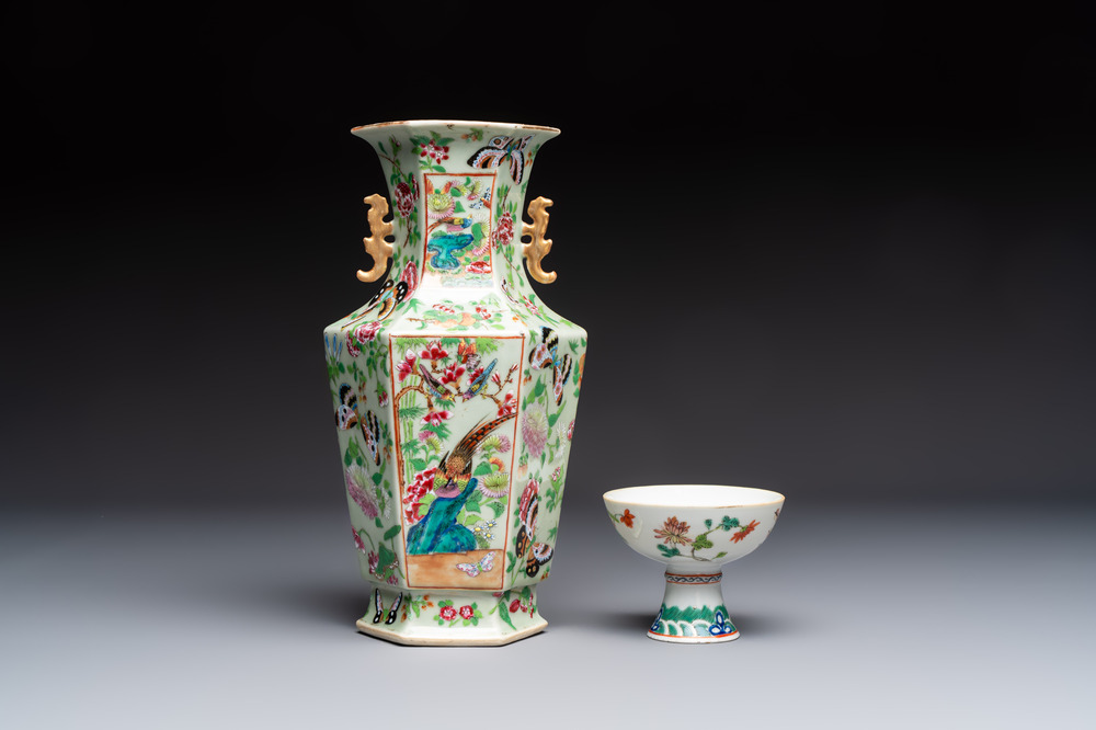 A Chinese famille rose celadon-ground hexagonal vase and a famille rose stem bowl, 19th C.