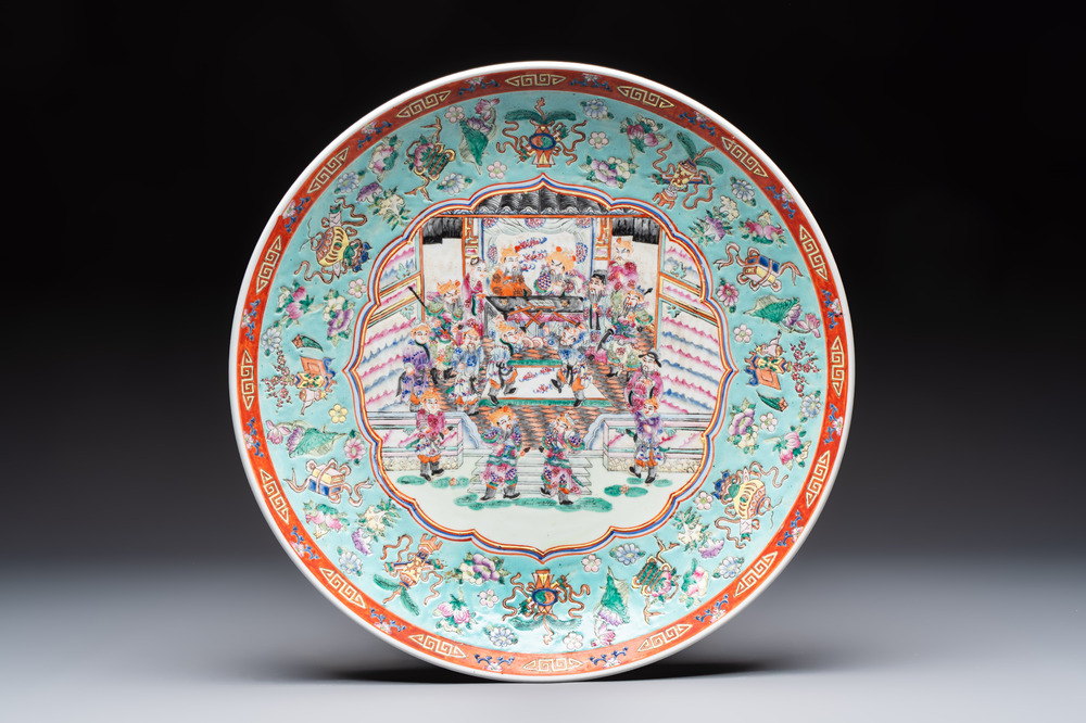 A large Chinese famille rose dish with narrative design, Jiaqing mark, 20th C.