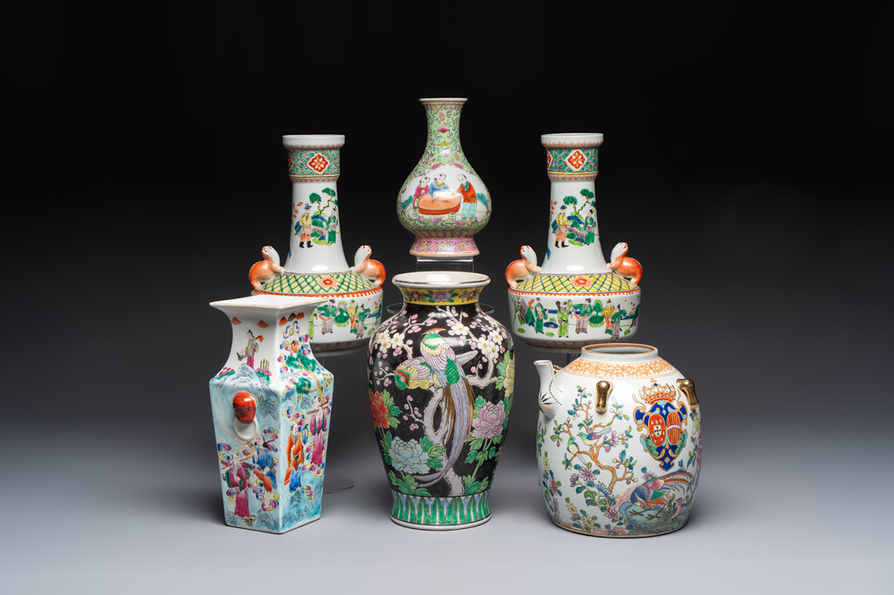 Five Chinese famille rose and verte vases and an armorial ewer, various marks, 20th C.