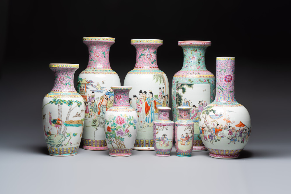 Eight Chinese famille rose vases, Qianlong and Jing De Zhen 景德鎮 marks, 20th C.