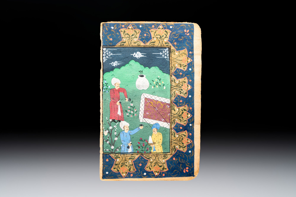 Persian school: a miniature painting of figures in a garden, ink and colour on paper, 19th C.