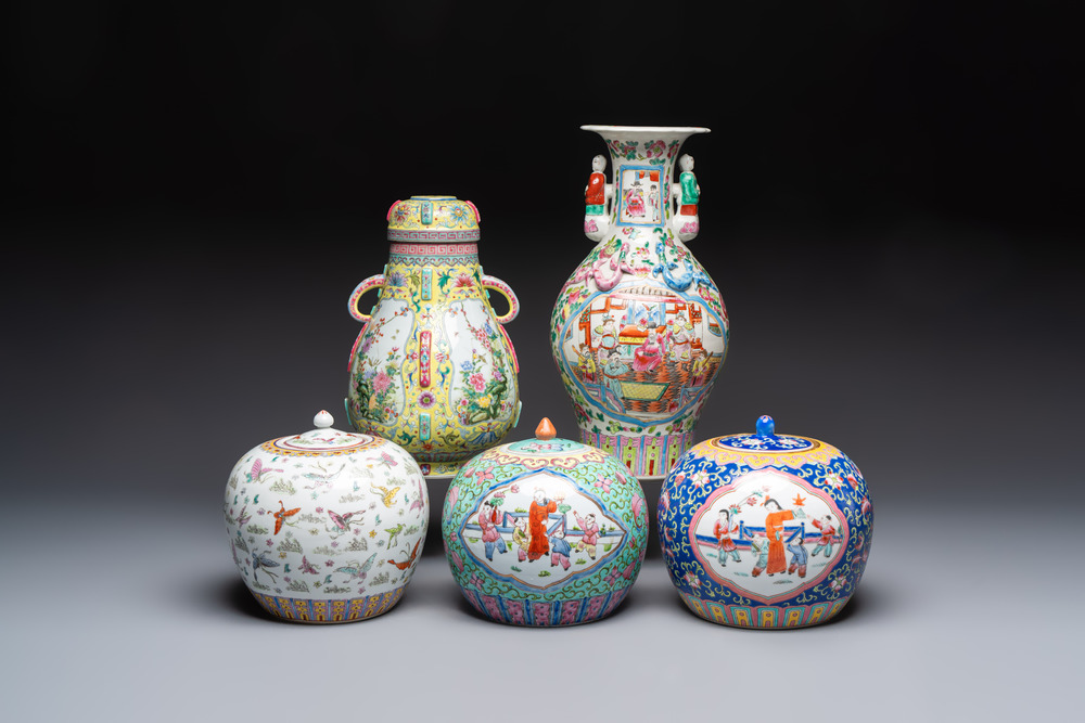 A Chinese famille rose archaistic covered vase, a vase, and three covered ginger jars, Qianlong marks, 20th C.