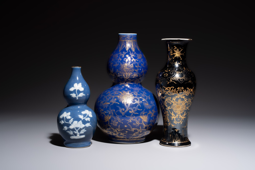 Three Chinese monochrome-glazed vases, Kangxi mark, 19/20th C.