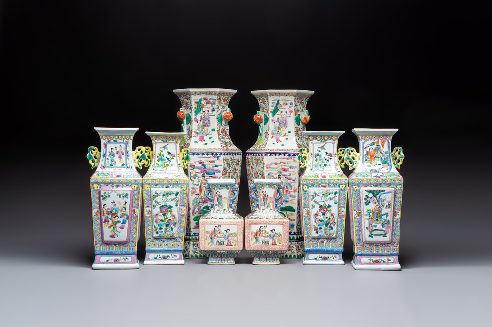 Four pairs of Chinese famille rose vases, 20th C.
