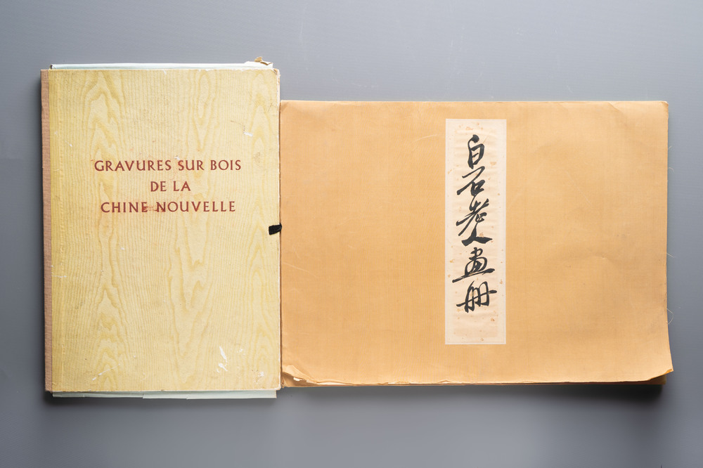 'Gravures sur Bois de la Chine Nouvelle': 40 woodcuts, dated 1956, and 'Baishi Lao Ren Hua Ce': 7 woodblock prints after Qi Baishi, Rong Bao Zhai 荣宝斋 studio, 20th C.