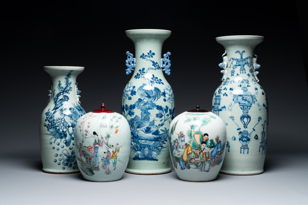 Three Chinese blue and white celadon-ground vases and two famille rose jars, 19/20th C.