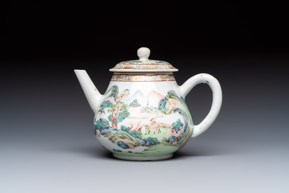 A Chinese famille rose 'Mountainous Landscape' teapot and cover, Yongzheng