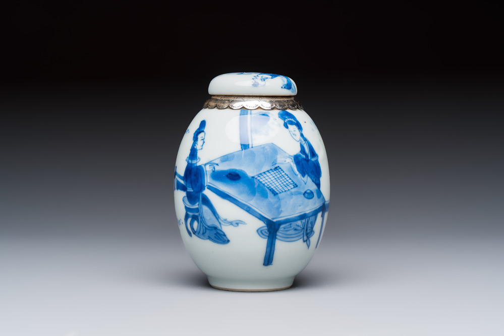 A silver-mounted Chinese blue and white tea caddy and cover, artemisia leaf mark, Kangxi