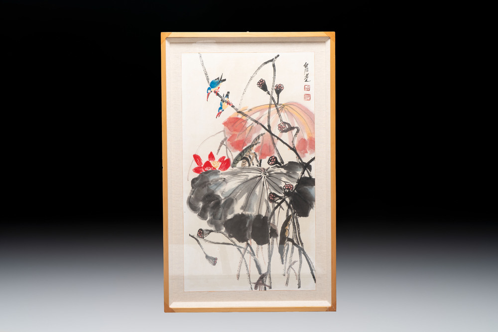 In the manner of Qi Baishi (1864-1957): 'Kingfishers Among Lotus', ink and colour on paper, signed