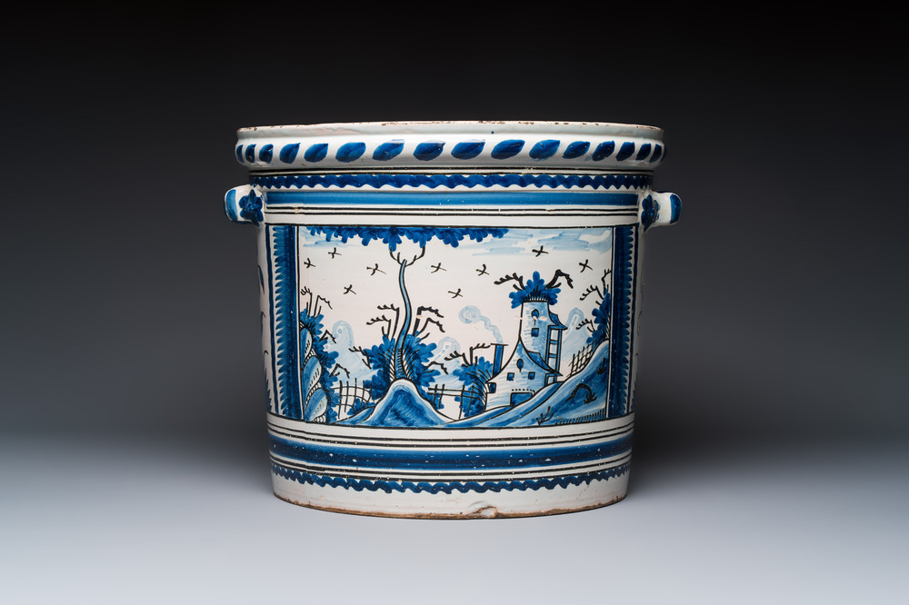A large French blue and white 'Orange Tree' jardini&egrave;re, Nevers, 18th C.