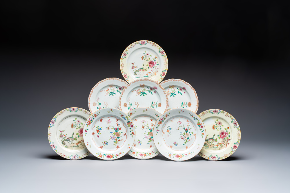 Nine Chinese famille rose plates with floral design, Qianlong