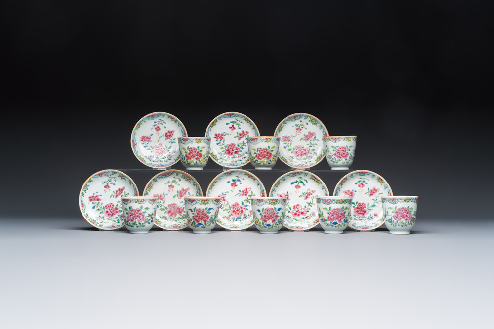 Eight sets of Chinese famille rose cups and saucers with floral design, Qianlong